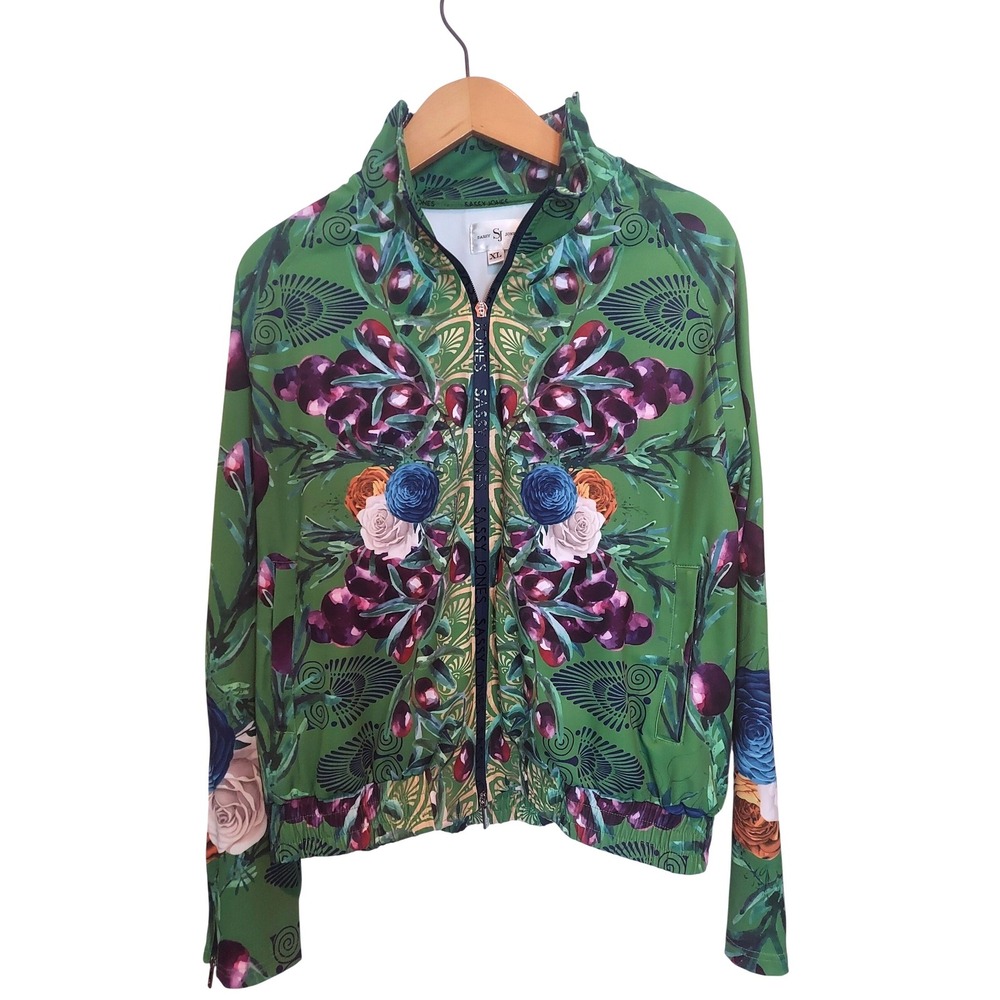 Sassy Jones Active Chic Green Floral Botanical Jacket Zip XL Rose Grape Print